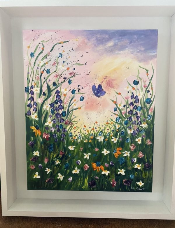 oil painting with a butterfly and wild flowers